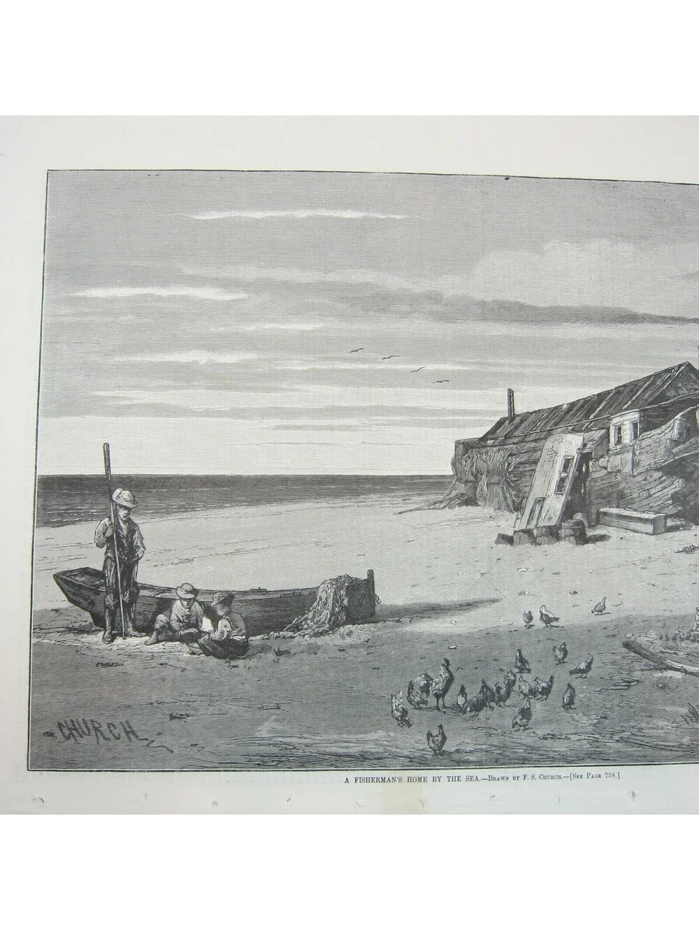 Antique 1878 Print A Fisherman’s Home By The Sea, F.S. Church, Harper’s Weekly